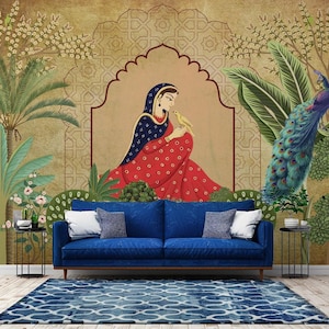 Vintage Mughal Art Wallpaper Mural: Ethnic Indian Peacocks & Woman