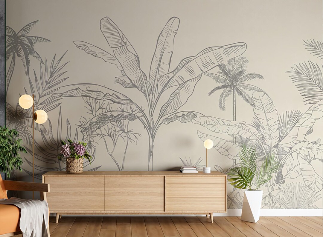 Buy Modern Black and White Palm Tree Wallpaper Mural, Tropical Banana
