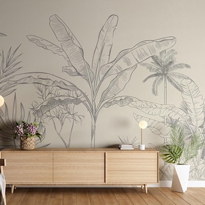 Neutral Tropical Jungle Wallpaper Mural – Banana Leaf Botanical Canvas Wallpaper – Modern Black White Accent Wall Decor for Home & Interiors