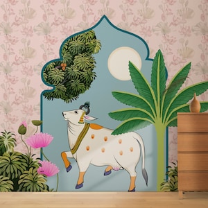 Indian Cow Pichwai Wallpaper Mural For Temple Room Decor | Sacred Cow Wall Mural for Pooja Mandir | Ethnic Pichwai Art Painting Backdrop