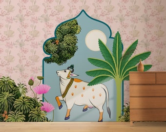 May include: A white cow with orange and gold accents stands in a blue archway with a green palm tree and a green bush. The background is a pink floral pattern.