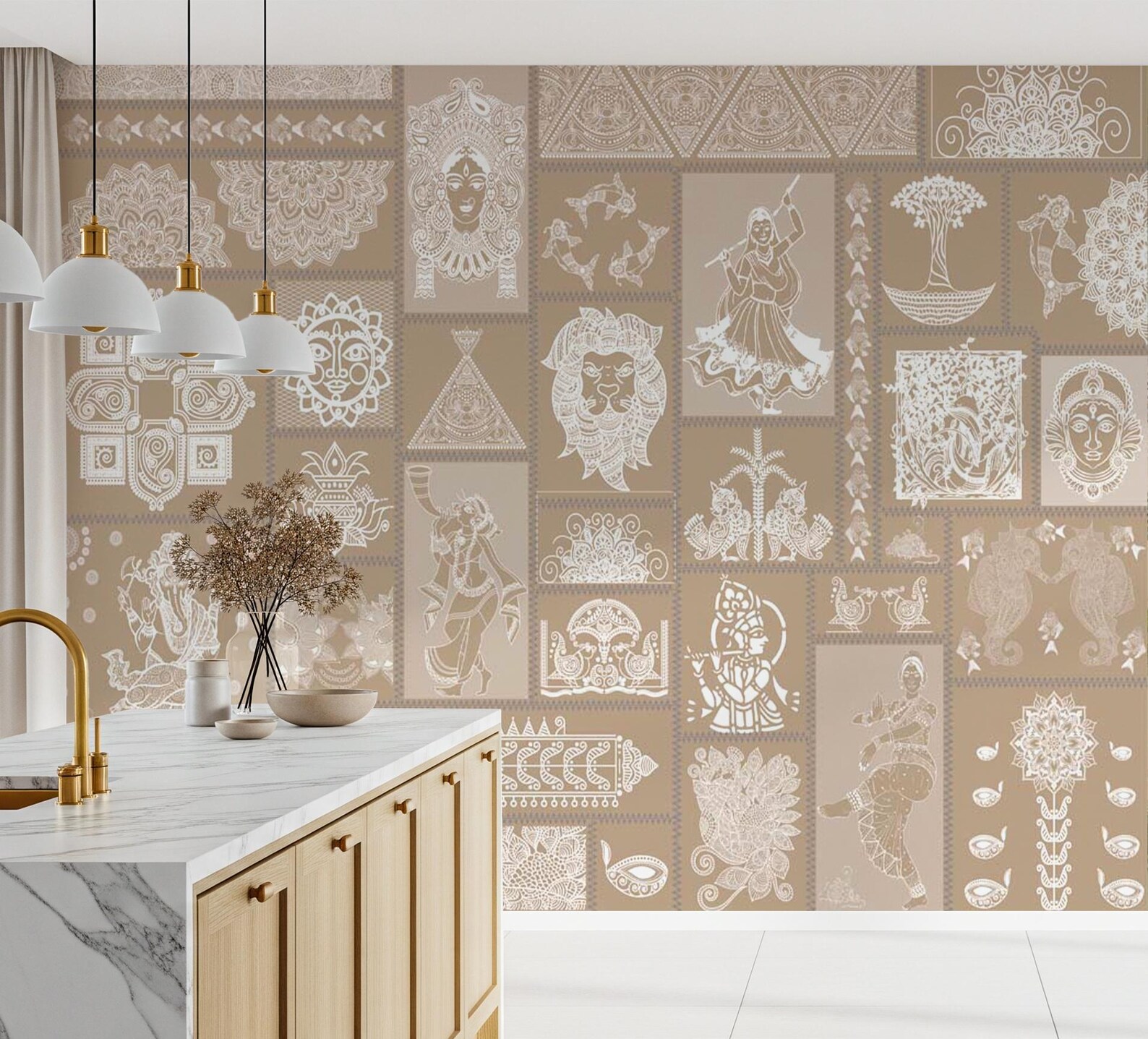 Traditional Madhubani Indian Wallpaper Mural With Beige Background for ...