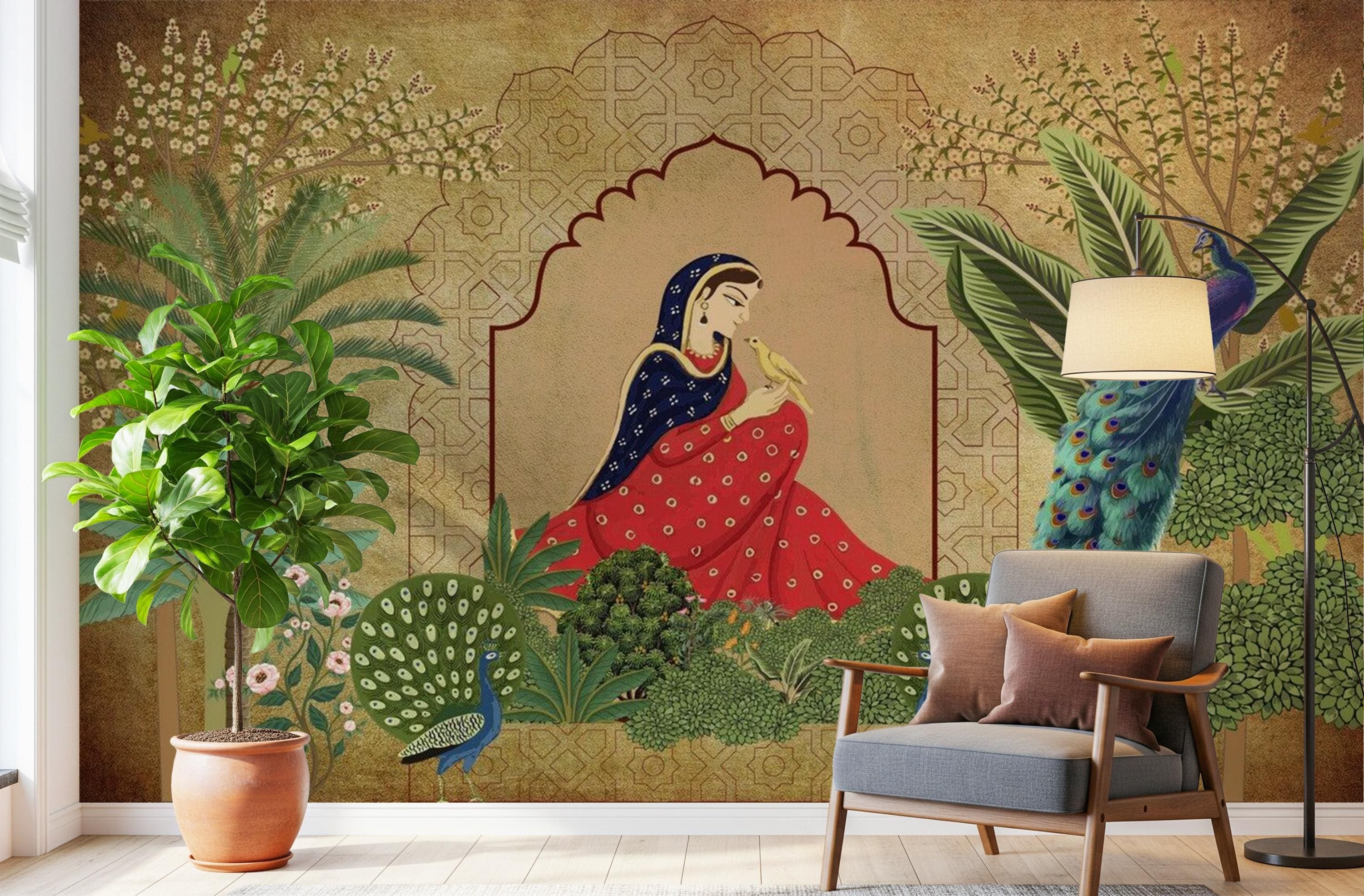 Rajasthani & Mughal Art Indian Wallpaper Mural, Vintage Peacocks Woman ...