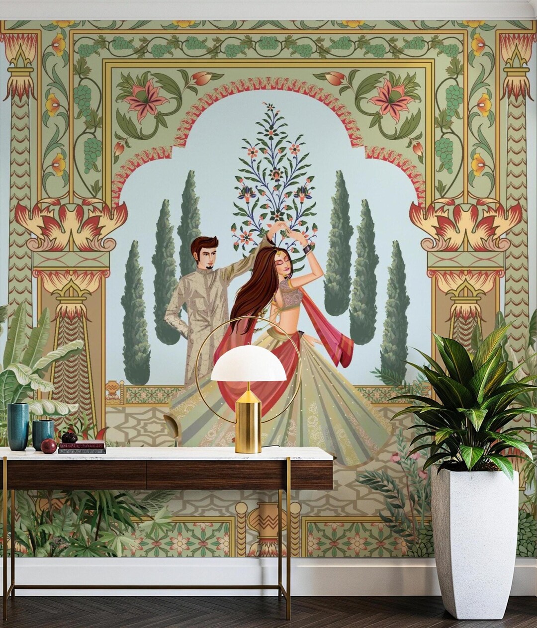 Indian Mughal Garden Wallpaper | Traditional Couple Dancing Floral Wall ...