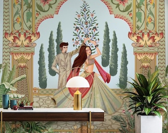 Indian Mughal Garden Wallpaper | Traditional Couple Dancing Floral Wall Mural | Luxury Textured Canvas Wallcovering | Ethnic Wall Art Decor