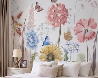 Whimsical Watercolor Floral Wallpaper Mural with Butterflies: Cottagecore Botanical Accent Wall Covering, Wildflower & Sunflower Wall Decor