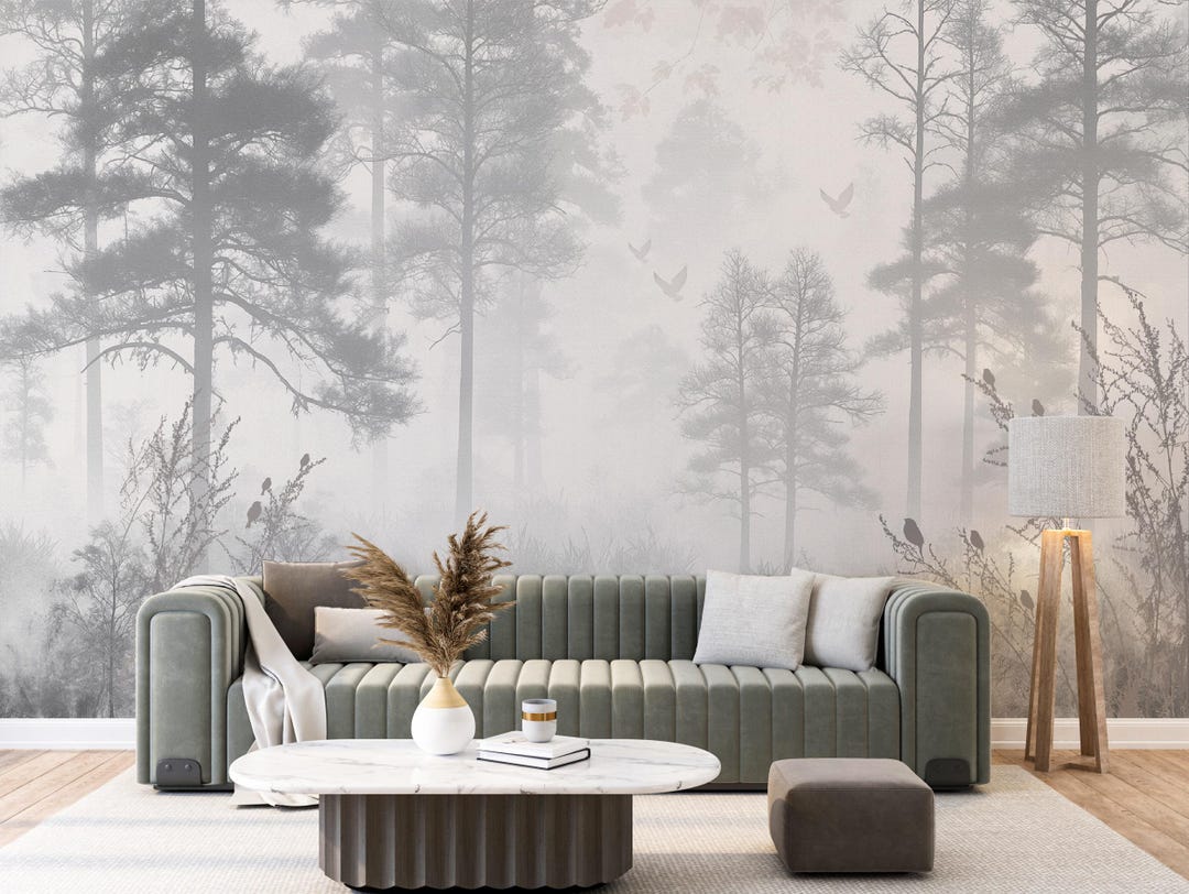 Misty Gray Pine Forest Wall Mural | Scandinavian Foggy Woodland Wall ...