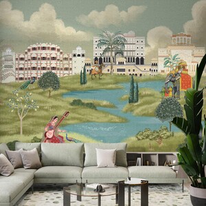 May include: A detailed mural depicting an Indian landscape with palaces, a river, and figures. A woman plays a stringed instrument, and a peacock is nearby. The scene includes an elephant, a horse, and lush greenery, creating a serene atmosphere.