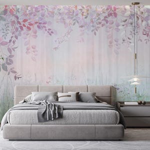 Pink Floral and Green Leaves Wallpaper for Bedroom Decor, Rainbow Forest Mural for Home, Colorful Nature-inspired Garden Wallpaper for Walls