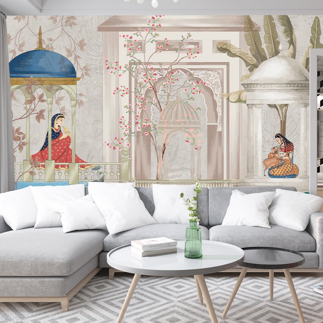 Ethnic Indian Floral Gazebo Customized Wallpaper Mural, Indian Woman