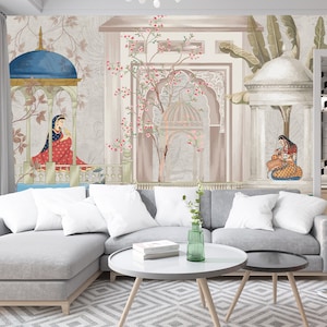 Ethnic Indian Floral Gazebo Customized Wallpaper Mural, Indian Woman Painting Art Wall Mural, Traditional Handmade Folk Art Wallpaper, Gift
