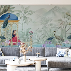 Indian Jaipur Garden Wallpaper, Rajasthani Woman Palace Mural, Scenic Lake & Birds Wall Art, Canvas Textured Wall Covering, Custom Size