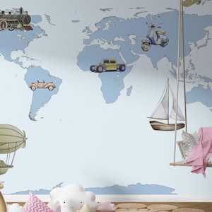Vintage Travel Map Nursery Wallpaper Mural – World Map Wall Art with Retro Vehicles – Kids Room Adventure Theme Wall Covering for Playroom