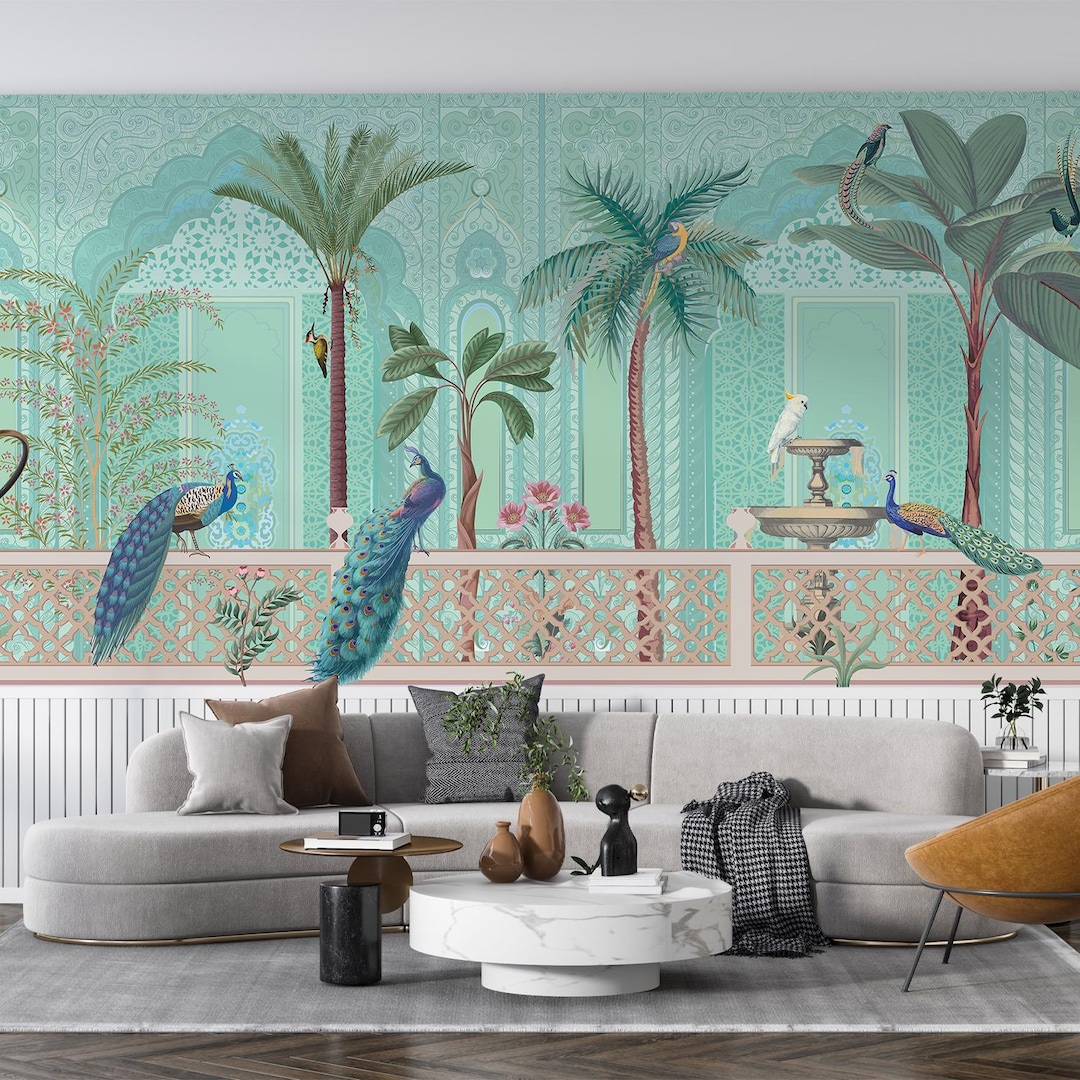 Indian Wallpaper Mural With Peacocks in Mughal Garden Palace ...