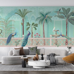 Indian Peacocks Wallpaper Mural in Mughal Garden, Rajasthani Birds Wall Decor for Living Room, Royal Palace Heritage Wall Covering for Walls