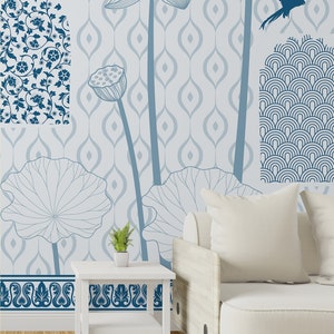 Blue Lotus Pichwai Jharokha Wallpaper Mural, Custom Indian Floral Vintage Arch Wall Art, Traditional Heritage Wall Decor for Living Room
