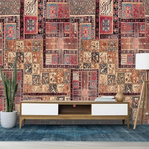 Indian Art Collage Wallpaper, Ethnic Design, Colorful Hand Painted Decor, Premium Canvas Mural, Vintage Antique Patchwork Wallcovering Gift