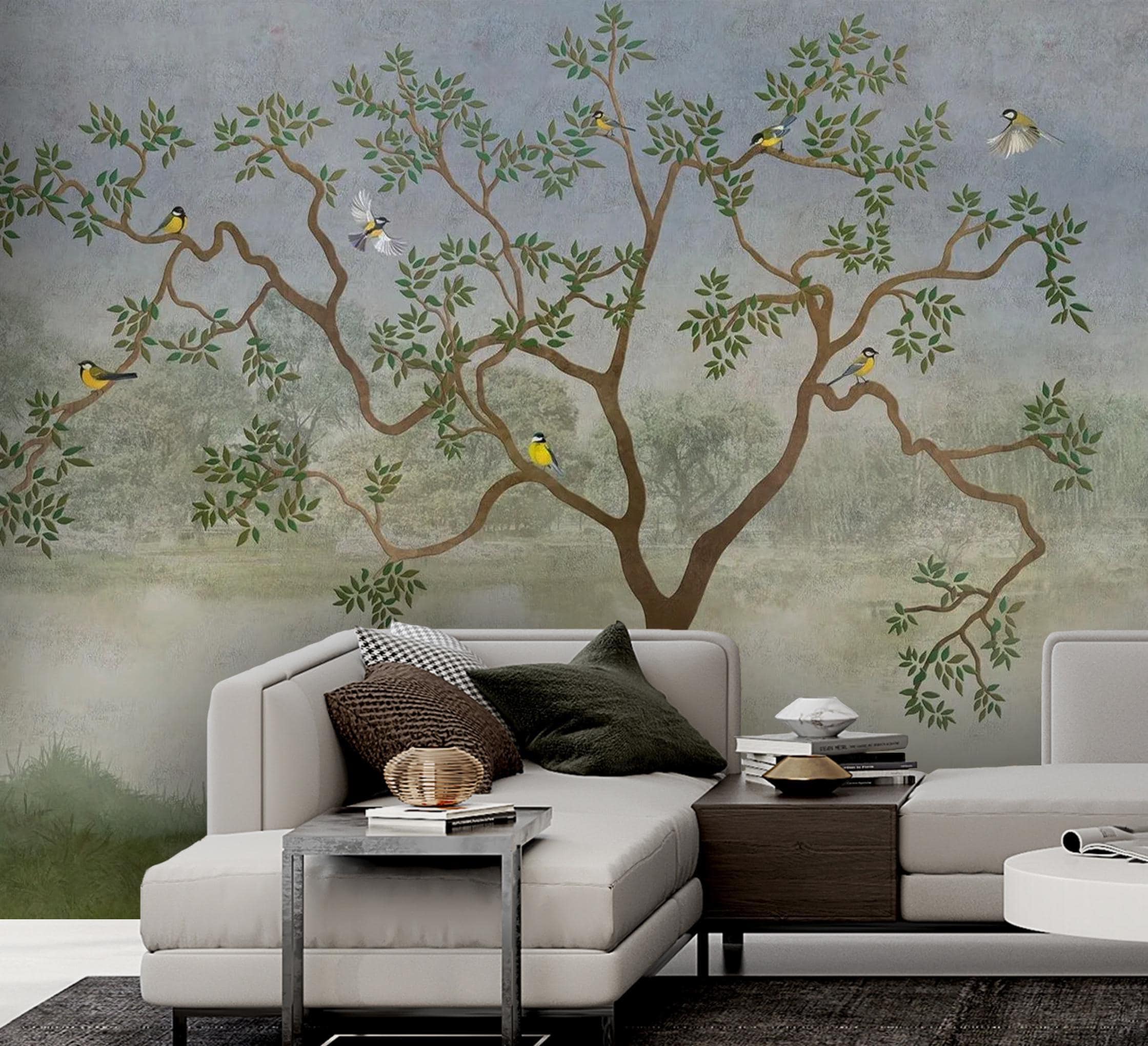 Chinoiserie Tree & Birds Wallpaper Mural – Neutral Vintage Forest ...