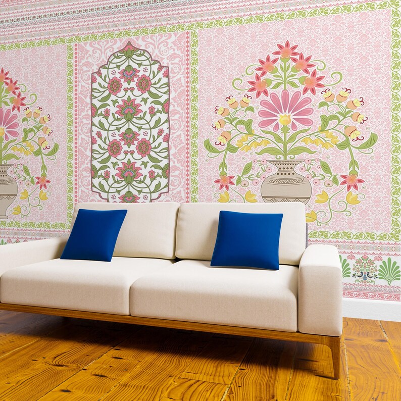 Mughal Floral Arch Wallpaper Mural for Living Room: Traditional Indian ...