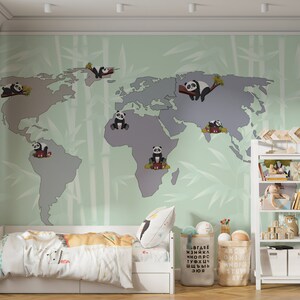 Kids Wallpaper | Panda World Map Wall Mural | Eco-friendly Nursery Wall Art | Educational Baby Room Wallpaper | Colorful Child Room Decor
