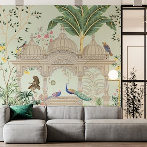 Traditional Mughal Garden Birds Arch Wallpaper, Vintage Temple with Peacock Wall Mural, Indian Floral Motifs, Indian Miniature Art Canvas