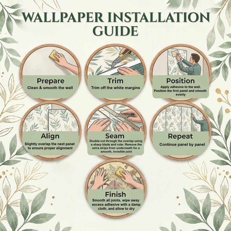 Step-by-step wallpaper mural installation guide for custom canvas wall mural panels. Infographic showing wall preparation, trimming margins, applying adhesive, positioning the first panel, aligning overlapping panels, and double-cut seam technique for seamless joints. Helpful guide for installing custom canvas wallpaper or large wall murals in living room, bedroom, nursery, dining room, office, restaurant, or interior wall decor projects for modern home decoration.