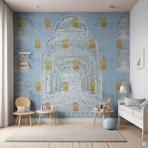Rajasthani Jharokha Palace Wallpaper Mural, Traditional Haveli Window Arches Wall Decor, Vintage Indian Heritage Blue Floral Wall Covering