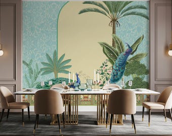 Peacocks in Palace Garden Wallpaper - Traditional Mughal Artwork Wall Mural for Bedroom, Royal Indian Wall Covering for Temple Room Decor