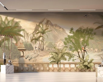 Vintage Tropical Wallpaper Wall Mural, Sepia Chinoiserie Art with Cranes, Palm Tree Landscape, Scenic Nature Designer Interiors
