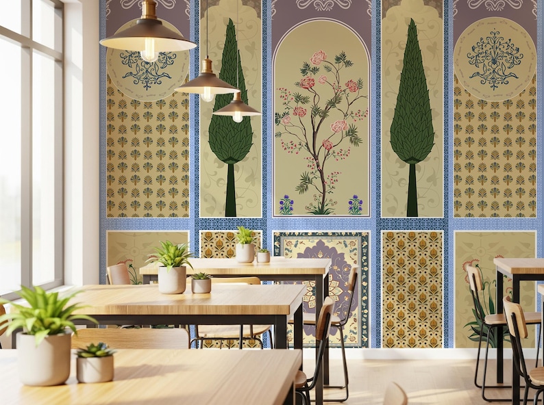 Rajasthani Mughal Arch Wallpaper Mural, Floral Cypress Tree ...