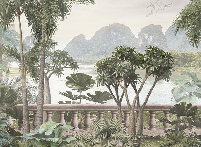 Serene Tropical Trees and River Wallpaper Mural for Home and Office