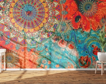 Seamless Floral Mandala Wallpaper, 3D Mandala Art Wall Mural, Decorative Floral Motif Wallpaper