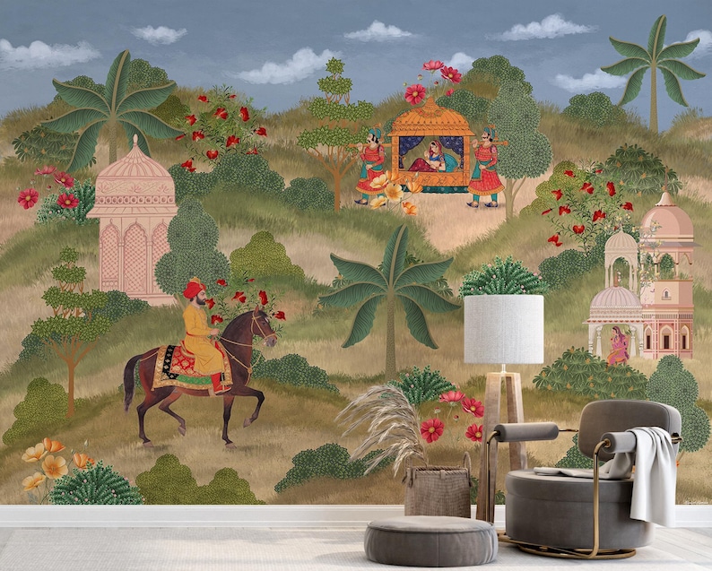 India Riyasat Mughal Garden Scene Indian Wallpaper Mural | Traditional Rajasthani ...