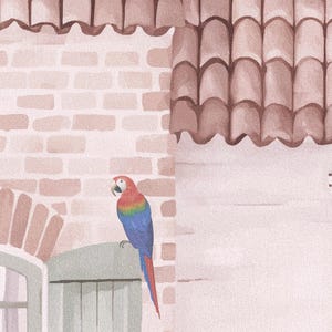 A macro close-up texture image of the premium canvas material used for this wall mural. The shot reveals a colorful parrot perched on a watercolor brick building, showcasing the high-quality print detail and the tactile, woven finish of the luxury textured canvas. It emphasizes the craftsmanship and durability of the non-woven material.