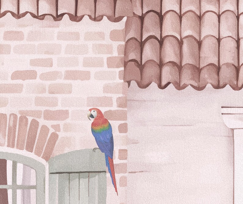 A macro close-up texture image of the premium canvas material used for this wall mural. The shot reveals a colorful parrot perched on a watercolor brick building, showcasing the high-quality print detail and the tactile, woven finish of the luxury textured canvas. It emphasizes the craftsmanship and durability of the non-woven material.