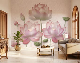 Papier Peint Autocollant 3D Lotus Rose - Fresque Murale Amovible, Motif Floral Coloré