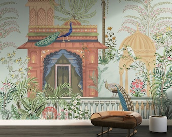 Ethnic Indian Garden Archway Palace Peacock Wallpaper Mural For Living Room | India Jaipur Floral Entryway Temple Wallpaper For Home Decor
