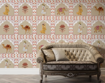 Traditional Indian Art Wallpaper, Rajasthan Jaipur Inspired Historic Collage Mural, Royal Vintage Palace Wall Covering for Home Wall Decor