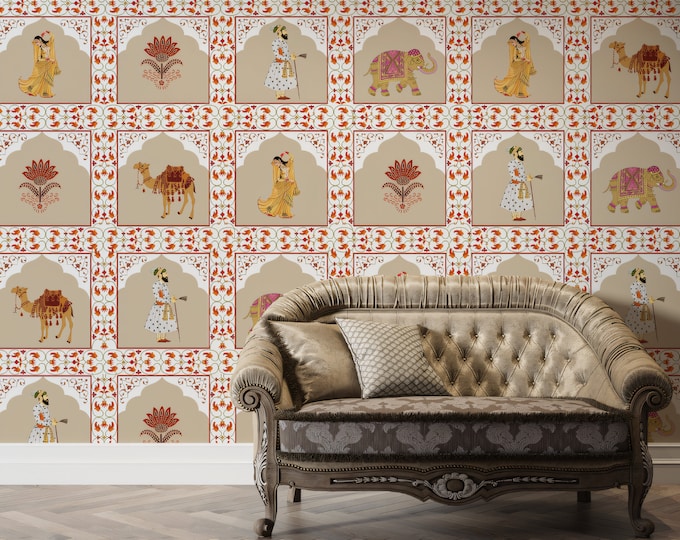 Indian Jharokha Wallpaper Mural Featuring Floral Arches, Mughal ...