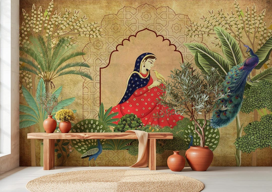 Rajasthani & Mughal Art Indian Wallpaper Mural, Vintage Peacocks Woman ...