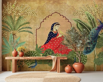 Rajasthani & Mughal Art Indian Wallpaper Mural, Vintage Peacocks Woman Wallcovering, Traditional Royal Heritage Palace Maharani Wall Decor