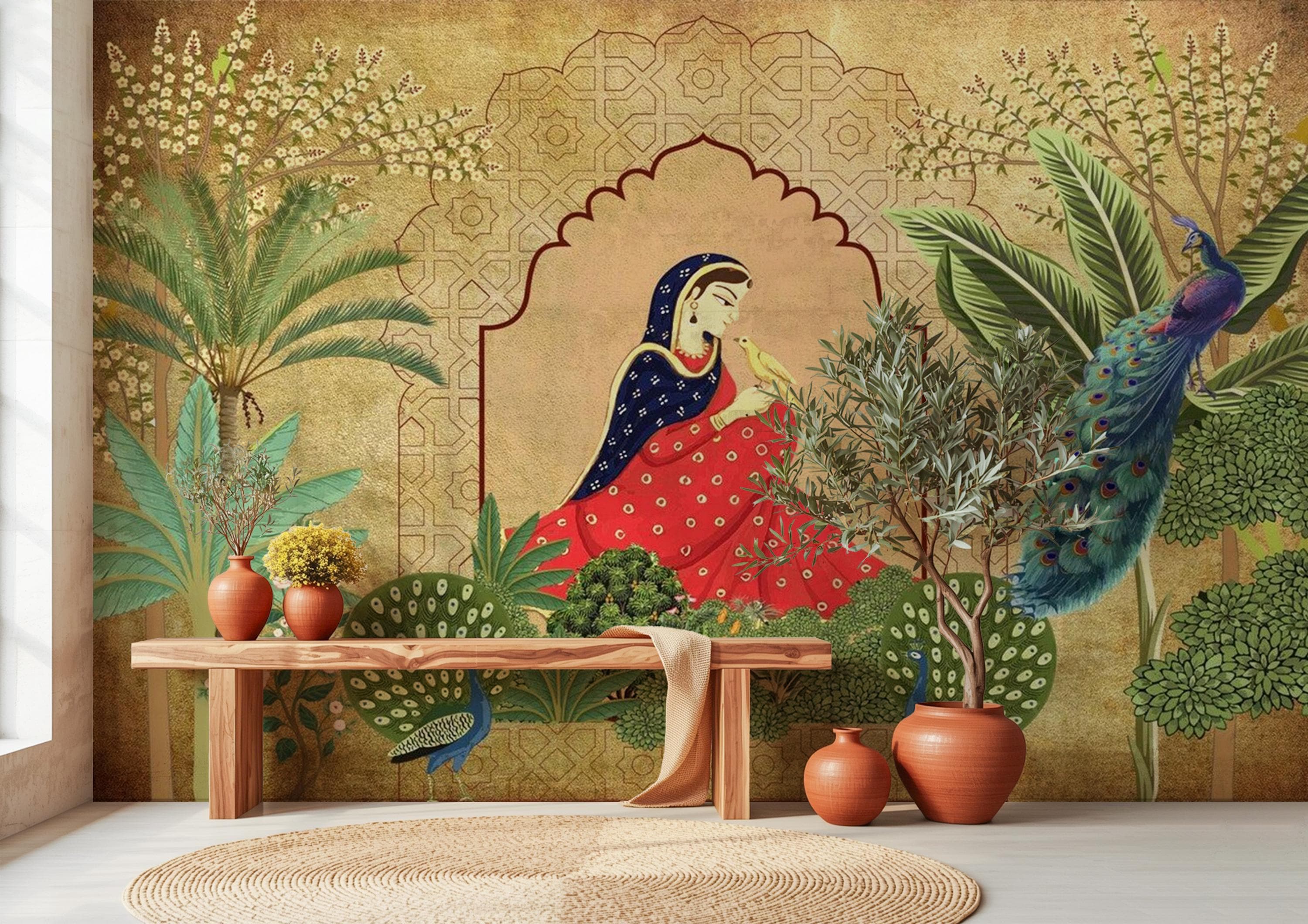 Rajasthani & Mughal Art Indian Wallpaper Mural, Vintage Peacocks Woman ...