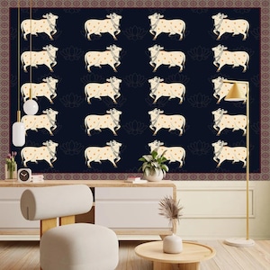 Pichwai Cows Art Mural | Sacred Cow Wallpaper | Hand Painted Indian Folk Art |  Premium Canvas Wallpaper