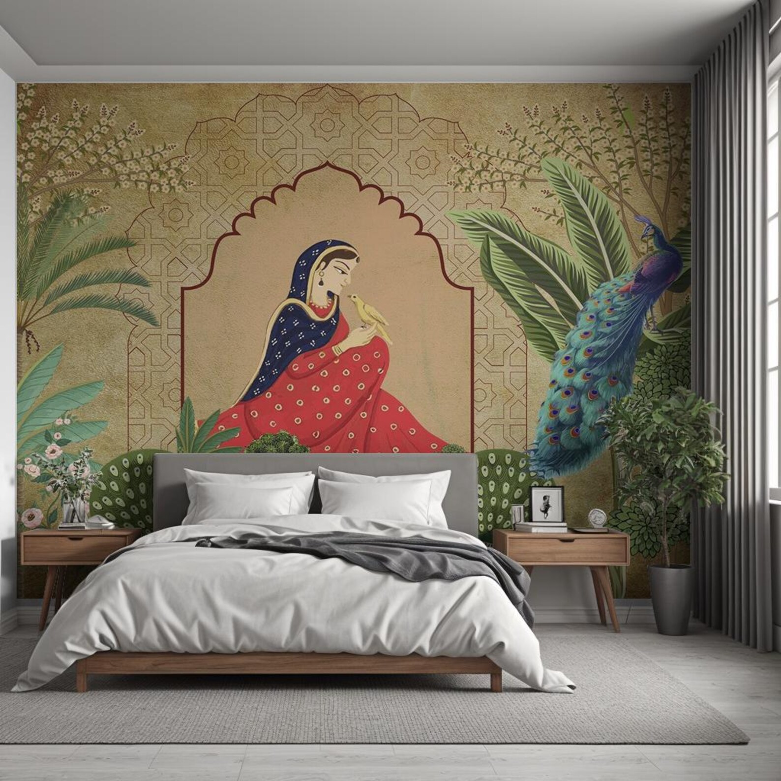 Rajasthani & Mughal Art Indian Wallpaper Mural, Vintage Peacocks Woman ...