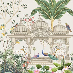 ustom wallpaper, canvas wallpaper, textured wallpaper, designer wallpaper, devotional wallpaper, cultural heritage, calming wall mural, pooja room decor, hindu divine mural, madhubani wallpaper, pichwai art painting, mandir wallpaper, living room mural, Pichwai painting wall decor for home, Indian temple garden mural UK, peacock and lotus wallcovering, ethnic wall art for puja room, spiritual wall mural for mandir, traditional Indian art living room, Hindu divine wall decor USA, custom wall art