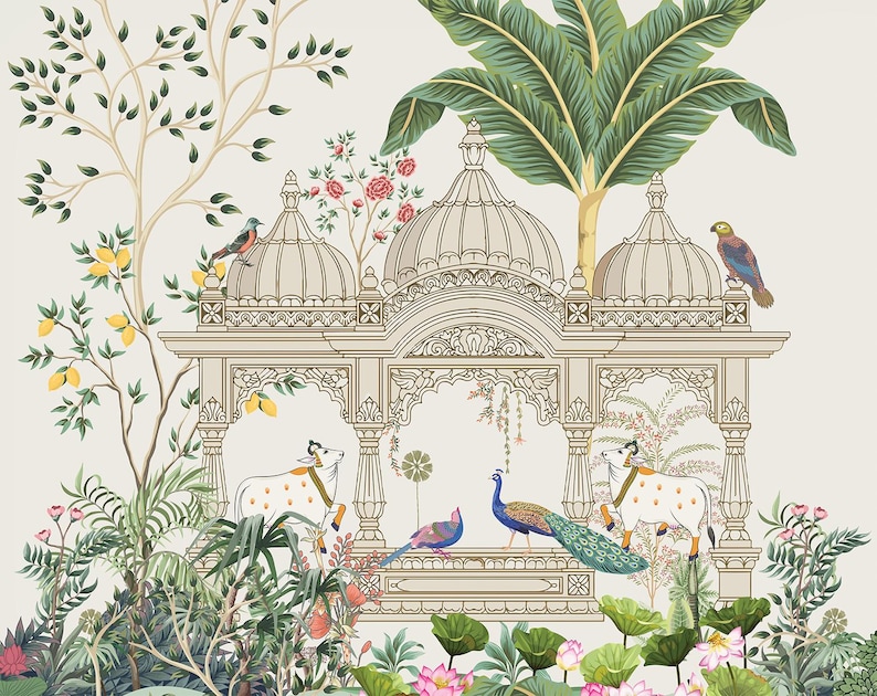 ustom wallpaper, canvas wallpaper, textured wallpaper, designer wallpaper, devotional wallpaper, cultural heritage, calming wall mural, pooja room decor, hindu divine mural, madhubani wallpaper, pichwai art painting, mandir wallpaper, living room mural, Pichwai painting wall decor for home, Indian temple garden mural UK, peacock and lotus wallcovering, ethnic wall art for puja room, spiritual wall mural for mandir, traditional Indian art living room, Hindu divine wall decor USA, custom wall art