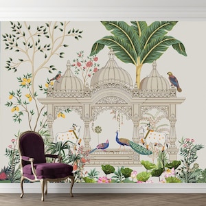 Pichwai Indian Temple Garden Wallpaper Mural: Cows, Peacock & Lotus Sacred Wallcovering for Puja Room, Ethnic Spiritual Mandir Wall Decor