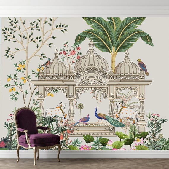 Pichwai Indian Temple Garden Wallpaper Mural: Cows, Peacock & Lotus Sacred Wallcovering for Puja Room, Ethnic Spiritual Mandir Wall Decor
