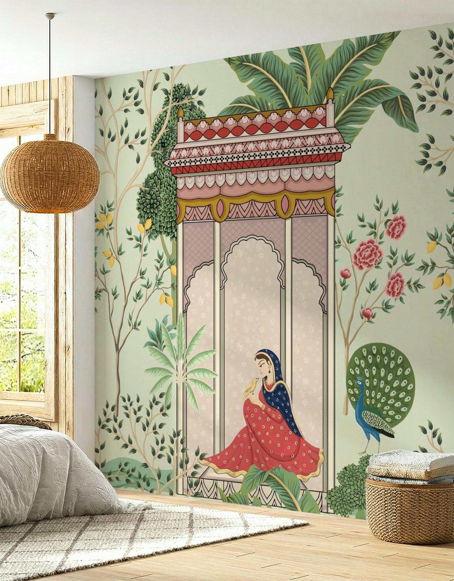 Mughal Garden Peacock Wallpaper - Indian Rajasthani Jharokha Art ...