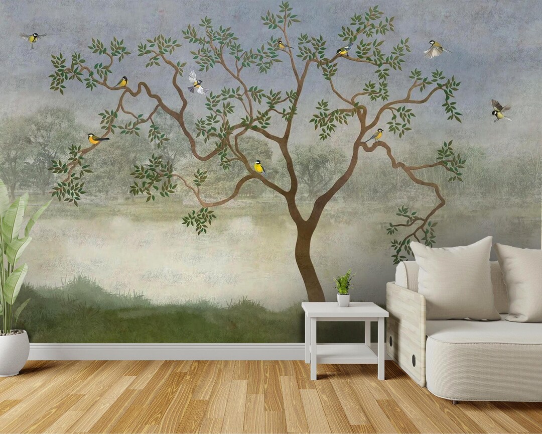 Chinoiserie Tree & Birds Wallpaper Mural – Neutral Vintage Forest ...